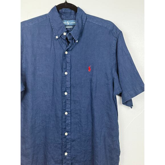 Ralph Lauren Linen Short Sleeve Shirt Classic Fit Navy Blue Preppy Resort M - Picture 1 of 8